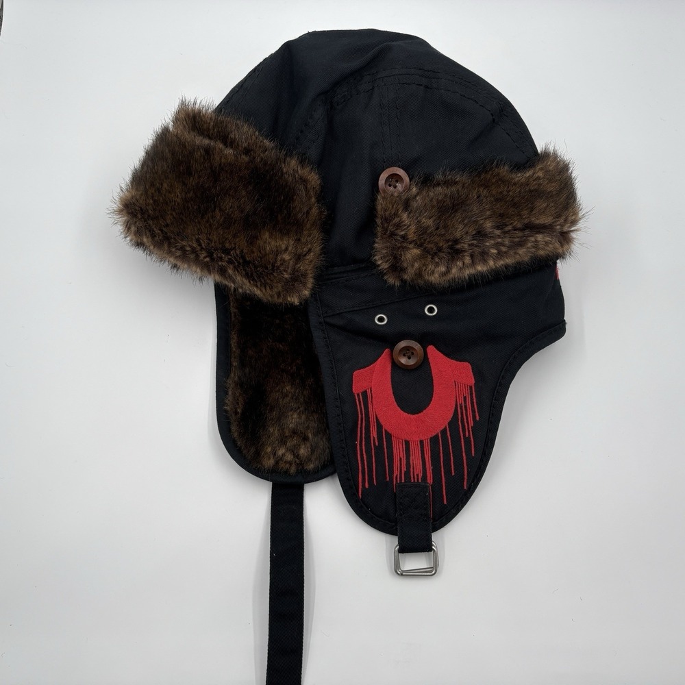True Religion Faux Fur Trapper Hat L/XL Black Aviator Bomber Winter Outdoor Y2K